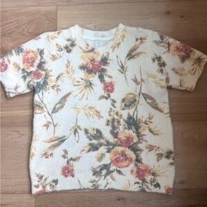 Joie Women’s Floral Cottage core Creamy White Short Sleeve Knit Sweater Large